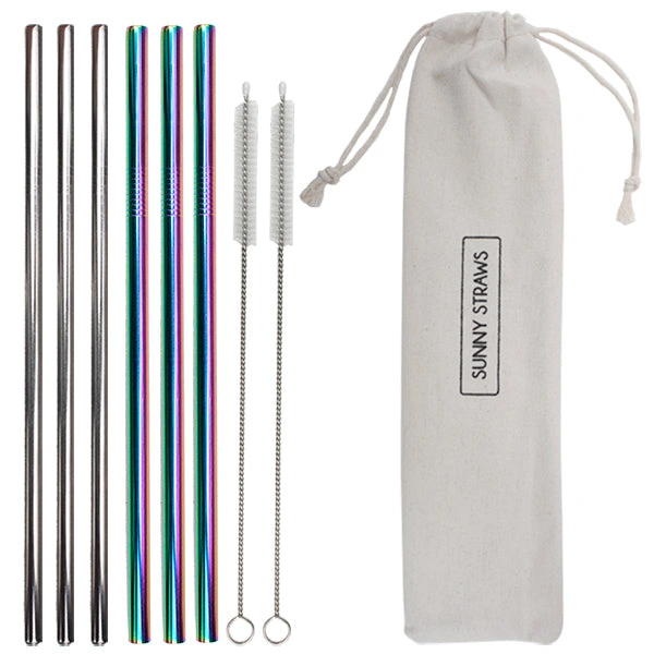 Rainbow Silver Straw Set Pretty Party Vibes 6 Straws 2 Brushes